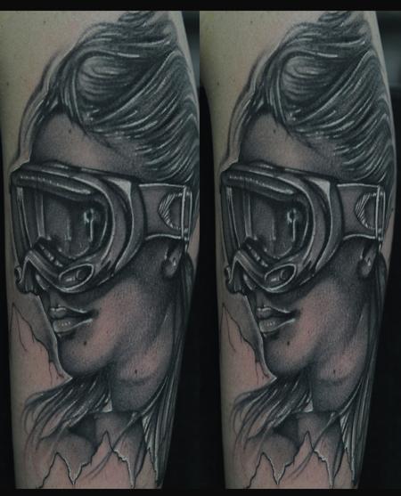 Tattoos - Black and gray snow boarder portrait tattoo - 62742